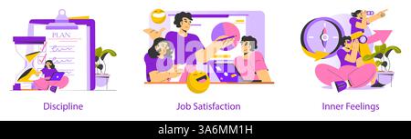 Intuitive operation concept focused on work-life balance. Illustrates discipline, job satisfaction, and emotional awareness through engaging visuals. Highlights personal growth and motivation. Vector illustration. Stock Vector