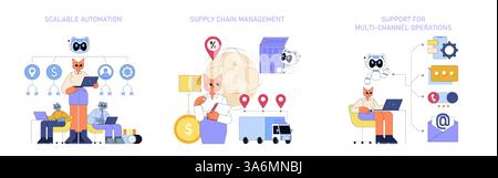 AI adoption enhances operational efficiency in global business. This illustration represents scalable automation, supply chain management, and support for multi-channel operations. Vector illustration. Stock Vector