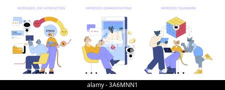 AI Boosts Mid-Sized Business Productivity Set. Illustrates increased job satisfaction, improved communications, and teamwork with anthropomorphic cats. Stock Vector