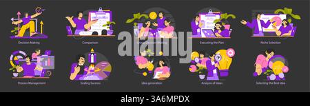 Decision Making set. Focuses on various aspects of decision making in a team context. Illustrates processes like comparisons, niche selection, and executing plans for better outcomes. Vector illustration. Stock Vector