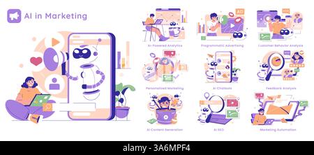 AI in Marketing illustration. This visual explains various aspects of artificial intelligence, showcasing its roles in analytics, advertising, chatbots, content generation, and customer insights. Vector illustration. Stock Vector
