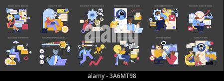 AI Assistant for Work context promotes efficiency and skill development. It illustrates improved job satisfaction, reduced errors, and flexibility. Emphasizes enhanced organization, quick access to information, and motivation for better performance. Vector illustration. Stock Vector