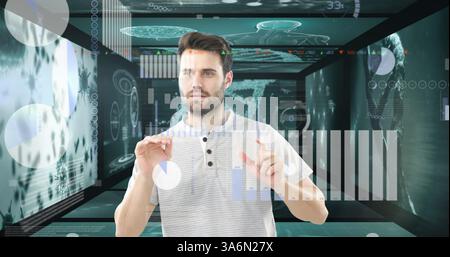 Interacting with virtual data, man using futuristic digital interface in office. Technology, innovation, artificial intelligence, future, interaction, Stock Photo