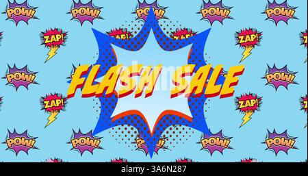 Image of flash sale text on speech bubble over cartoon retro speech bubbles on blue background. vintage comic concept digitally generated image. Stock Photo