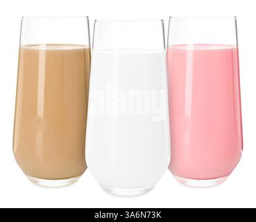 Milk of different flavors in glasses isolated on white. Vanilla, chocolate and strawberry Stock Photo
