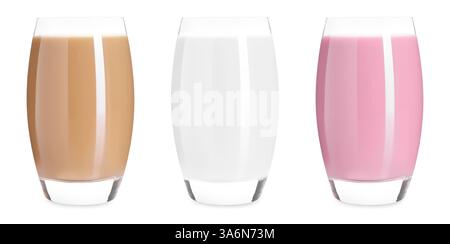 Milk of different flavors in glasses isolated on white. Vanilla, chocolate and strawberry Stock Photo