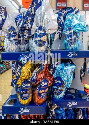 Italy - March 25, 2025: Perugina Baci Easter egg - Baci Perugina chocolate Easter eggs for sale in Italian supermarket Stock Photo