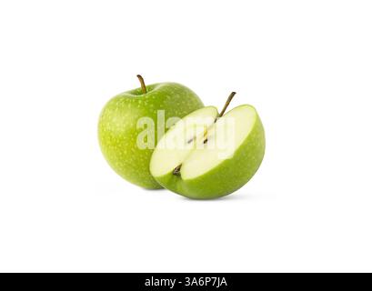 Whole apple and a half isolated on white background. Green apples with clipping path. Stock Photo
