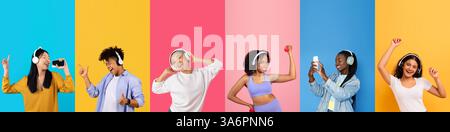 Diverse young people enjoying music together with headsets in vibrant colors Stock Photo