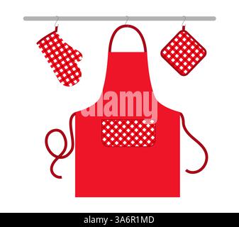 Oven Gloves mitt, apron and potholder hanging on rack kitchen red cartoon flat accessory clothing technical illustration garment. Vector for Men, women style template CAD mockup on white background Stock Vector