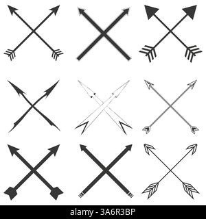Crossed arrows designs. Decorative arrow symbols. Black vector illustrations. Stylish tribal shapes. Stock Vector