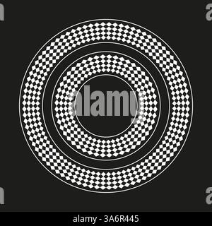 Circular checkered rings. Bold black background. Hypnotic optical effect. Vector concentric shape. Stock Vector