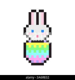 Pixel bunny icon. Multicolor Easter egg. Cute pixelated art. Retro digital design. Stock Vector