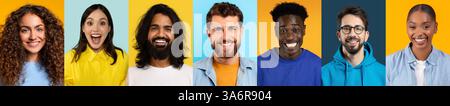 Diverse group of individuals smiling against colorful backgrounds Stock Photo