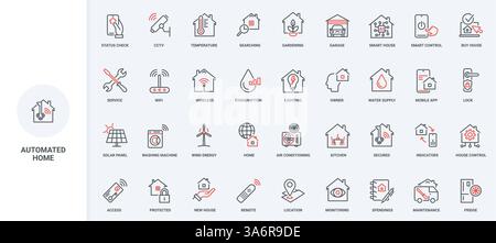 Smart home system control and management, automation of services with AI line icon set. Safety access, equipment with sensors and garage thin black and red outline symbols vector illustration Stock Vector