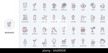 Drinks in glass and bottle, alcohol tropical cocktail and beer in bar, pub menu line icon set. Hot coffee and tea, soda water and juice, whiskey thin black and red outline symbols vector illustration Stock Vector