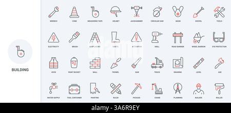 Construction site worker equipment and diy tools in box line icon set. Crane and truck, hammer and wheelbarrow, drill and safety helmet, trowel thin black and red outline symbols vector illustration Stock Vector