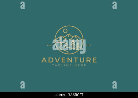 Scenic Adventure Logo Badge Design Featuring Mountains, River and Trees Illustration Element Stock Vector
