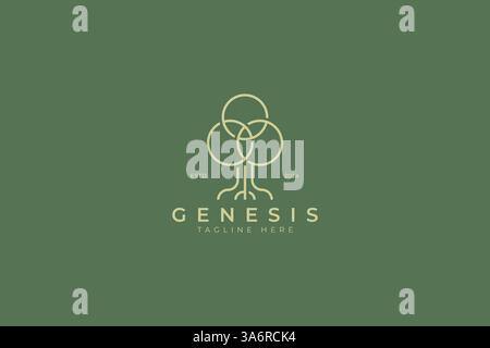 Oak Tree Genesis Logo with 3 Circle Shape Leaf Meditation Spiritual Nature Mangrove Forest Stock Vector