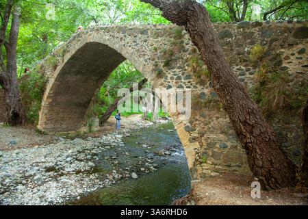Venetian bridge of Kelefos (or Tzielefos), between Agios Nikolaos and Platres villages, Troodos mountain, Cyprus. Stock Photo