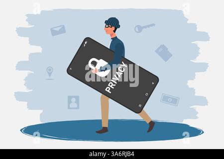 A man steals personal data from other people's smartphone. the Concept of protecting personal data from online data theft. Stock Vector