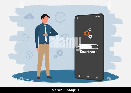 Businessman waiting for the download process on his smartphone. Estimated time to download a data. Stock Vector