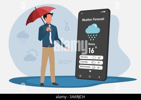 Man holding an umbrella while checking the weather forecast on his smartphone Stock Vector