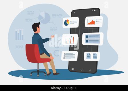A businessman showing a virtual screen of financial and business data analysis graphs on a smartphone Stock Vector