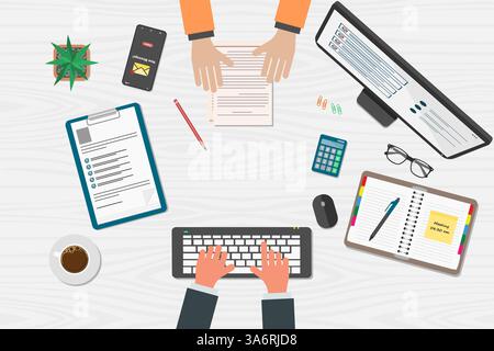 Top view of a customer service representative's desk serving customers or a businessperson and his clients Stock Vector