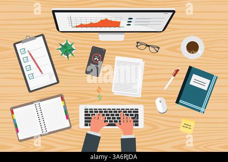 Top view of person using computer for work or study with files and notebooks on desk Stock Vector