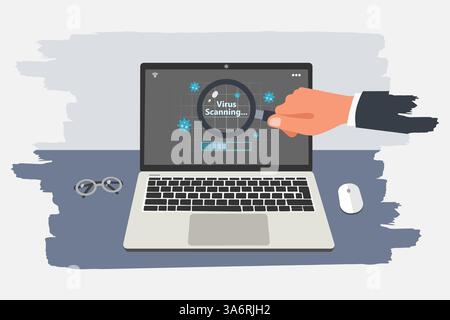 Virus scanning process on a laptop and hand holding a magnifying glass. Anti virus and bug protection technology concept. Vector illustration. Stock Vector
