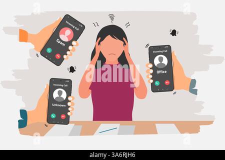 A busy woman is disturbed by the many incoming phone calls. Hand holding a smartphone with incoming call from unknown, spam, and office. Vector illust Stock Vector