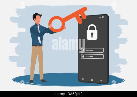Man holding a key to login or access mobile phone using username and password. Online data privacy protection concept. Vector illustration. Stock Vector