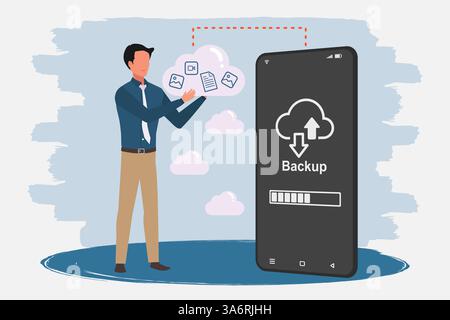 Man holding a cloud storage to back up data on his smartphone. Phone data backup and cloud data storage concept. Vector illustration. Stock Vector
