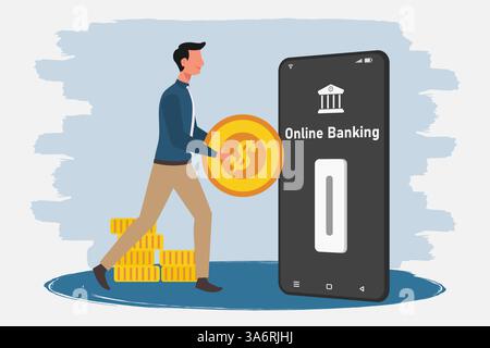 Businessman holding coins for saving. Financial transactions through online banking application on smartphone concept. Stock Vector
