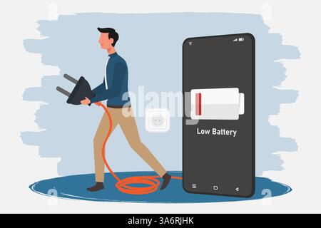 Man holding a mobile phone charger cable and low battery symbol on phone screen. Stock Vector