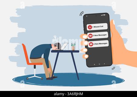 Hand holding a smartphone with missed call and new message notification on screen. A worker who fell asleep at his desk. Burnout or frustrated worker Stock Vector