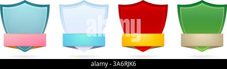 Label badge Colorful shields with ribbons isolated on white backgrounds for webs design, user interface apps, banner poster elements, flyer, brochure Stock Vector