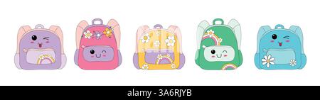 Backpack colorful icon clipart set. Back to school bag in flat hand drawn symbol clip art for children with winking face and flowers elements Stock Vector