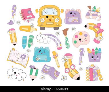 School elements clipart set. Back to school colorful drawing icon elements clip art collection for kinder educational materials like bag, pencil, book Stock Vector