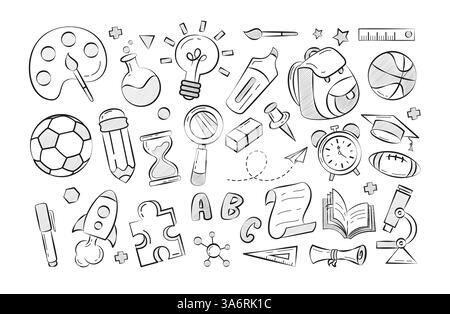 School silhouette elements clipart set. Hand drawn educational supplies clip art like bag, pencil, bulb, watercolor, ball, paper and alarm clock Stock Vector