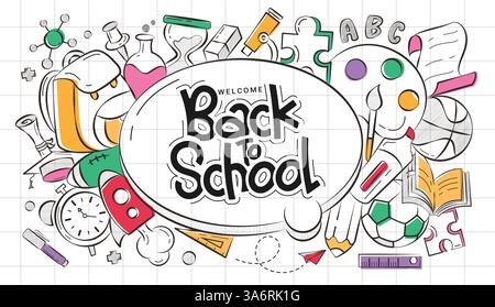 Back to school greeting clipart template design. Welcome back to school text clip art with colorful educational supplies in grid paper space Stock Vector