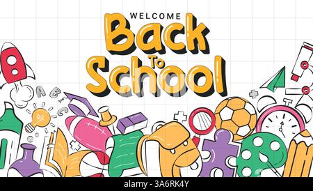 Back to school greeting clipart background design. Welcome back to school greeting text clip art in grid space background with colorful educational Stock Vector