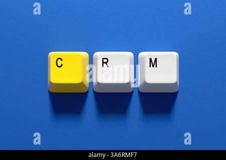 Business, Technology, Internet and network concept. Three keyboard keys spelling out CRM customer relationship management on a blue background. 3D ren Stock Photo