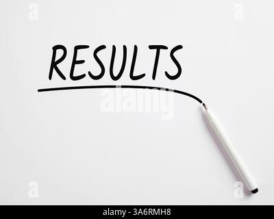 e word results handwritten with a pen on white background. Announcing or evaluating the results. Stock Photo