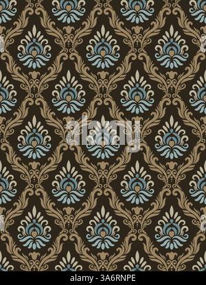 Diamond shaped ogee seamless pattern with brown frame and blue center motif for decorations, wallpaper, fabric prints, textile, and other prints Stock Vector