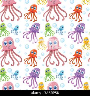 Playful octopuses with bubbles in seamless vector pattern Stock Vector