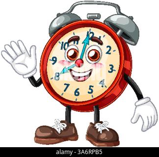 A vibrant vector illustration of a smiling alarm clock character with arms and legs, perfect for playful designs Stock Vector