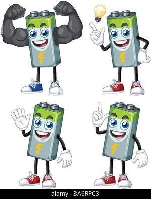 Vector illustration of animated battery characters with expressive faces and dynamic poses, featuring vibrant colors and playful design Stock Vector