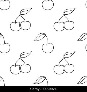 Cherry fruit seamless pattern. Single line illustration. Line art double Cherry. One line Cherry texture. Vector Outline fruit isolated on white background. Textile, fabric, texture design Stock Vector